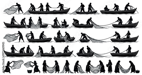 Fishermen Casting Nets Silhouettes Set Pack. Editable Vector Stroke Illustration. featuring fisherman, boat, net, water, silhouette, vector, illustration, graphic, design, fishing more silhouettes.