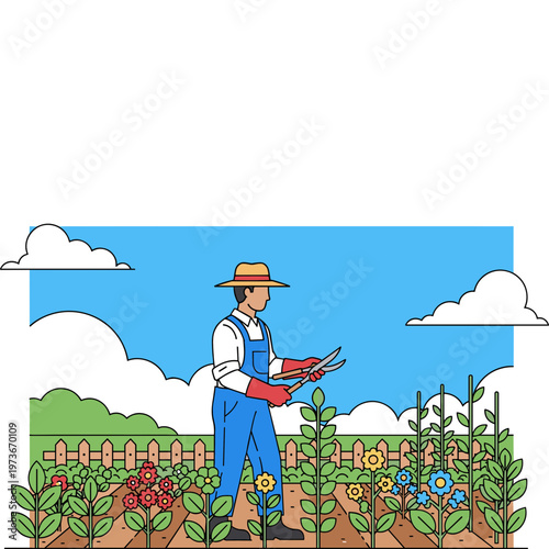 Man gardening in a vibrant flower garden outdoors with shears