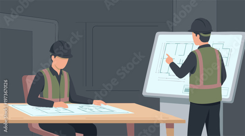 Construction Team Examining Building Blueprints and Floor Plans