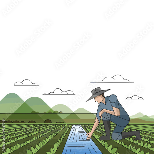 A farmer inspects irrigation system in lush green farm landscape with mountains