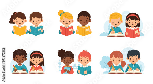 Six pairs of diverse children happily engaged in reading and writing activities, symbolizing education and friendship.