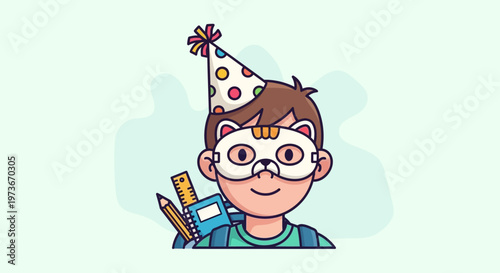 Cute vector illustration of a happy boy wearing a party hat and a cat mask with school supplies.