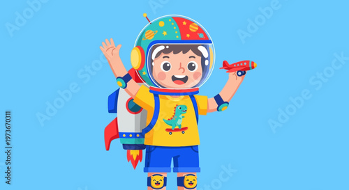 A cheerful cartoon boy dressed as an astronaut with a rocket backpack and helmet, holding a toy airplane, ready for adventure on a blue background.