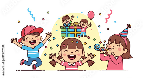 Happy children celebrating a birthday party with gifts, confetti, and party horns, full of joy and excitement.