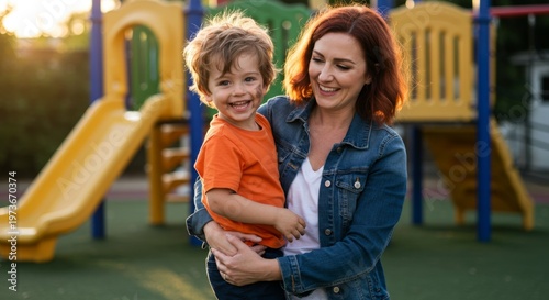 Woman holding a smiling boy with a dirty face at a playground. Mother and child having fun outdoors. Concept of family happiness and childcare.