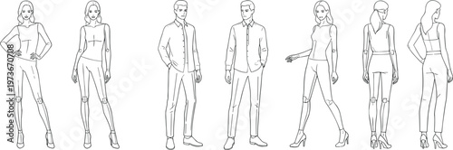 Vector set of male and female fashion croquis figure outlines featuring diverse poses and angles for garment design technical drawing and apparel illustration templates.