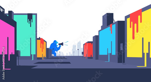 Vector Illustration of Gorilla DJ Mixing Music at Colorful Urban Event Stage