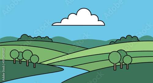 Serene rolling green hills landscape scene.