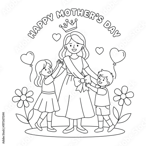 Mothers day celebration scene with kids crowning mom and giving gift in garden coloring page illustration