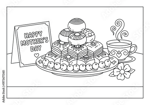 Mothers day dessert platter with sweets tea cup and greeting card on table coloring page illustration