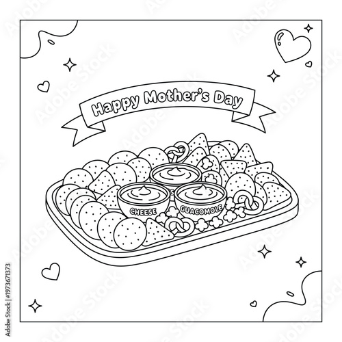 Mothers day snack platter with chips dips and party treats on tray coloring page illustration
