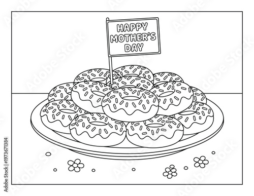 Mothers day donuts platter with icing and sprinkles sweet dessert coloring page illustration