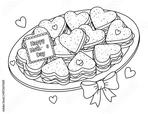 Mothers day heart shaped sandwich platter with cute love theme food coloring page illustration
