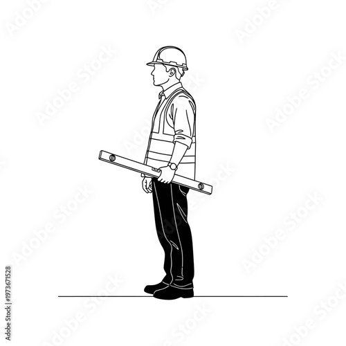 construction worker holding a spirit level a skilled tradesman in a hard hat and safety vest standing on a building site