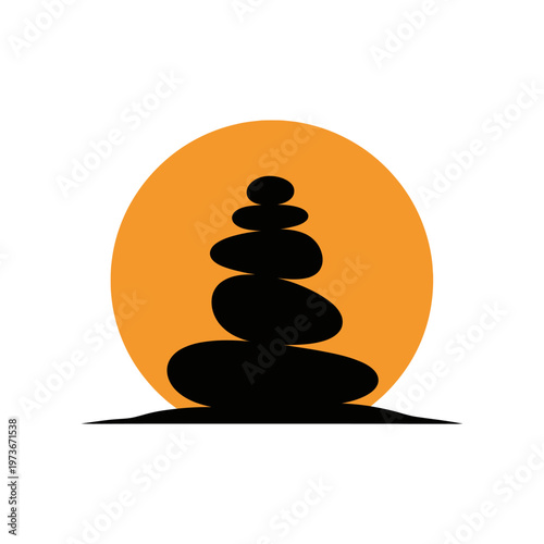 rock balancing zen stones cairn silhouette against a vibrant orange sunset symbolizing peace meditation and spiritual stability in nature.