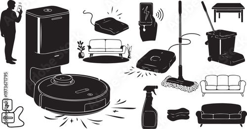 Cleaning tools and household appliances in black and white