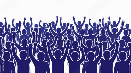 Crowd of stylized blue people silhouettes with raised hands and fists
