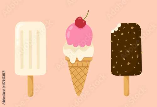Ice-cream set with waffle cone decorated with cherry, chocolate glazed ice cream with nut crumbs on a stick and popcikle. Sweet summer dessert collection. Flat vector illustration.