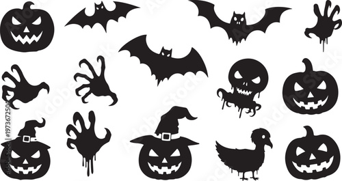 Halloween icons set including pumpkins bats and spiders silhouettes