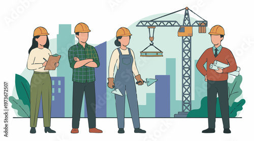 Construction and Engineering Team with Hard Hats and Blueprints at Building Site