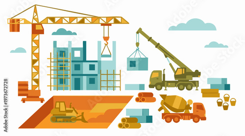 Building construction site featuring cranes, bulldozer, and cement mixer truck in flat design