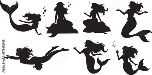 Mermaid Silhouettes Set, Mythical Sea Creature Vector Icons