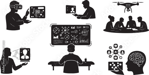 Silhouettes of people using technology and collaborating together