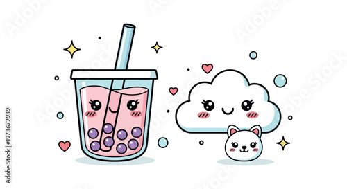 Cartoon boba tea with smiling face.