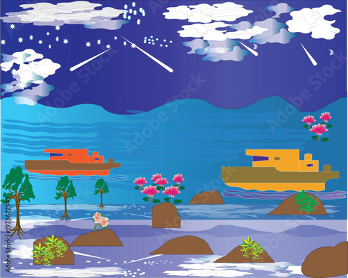 A cartoon vector illustration of a summer travel map of Greece in Europe featuring a flag, coastal sea water, mountains, and a beach house under a sunny blue sky