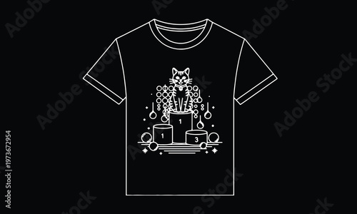 Minimalist Cat on Winner Podium Line Art Illustration for T-Shirt Design on Black