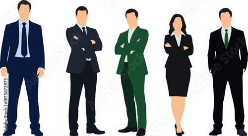 Business team of professionals in suits standing with arms crossed and hands in pockets for corporate success flat vector illustration.