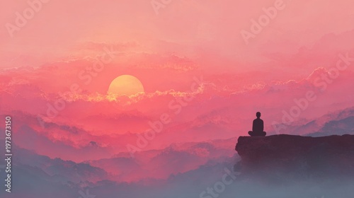 Yoga concept, silhouette meditating at sunrise, soft colors, clean composition 