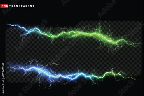 Electric blue and green lightning bolts on transparent background, abstract energy effect for video editing and design
