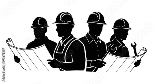 construction engineering team wearing hard hats holding blueprints and tools symbolizing professional teamwork and industry.