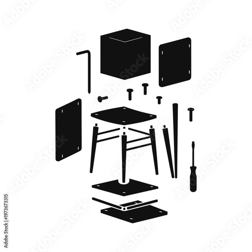 exploded view diagram of flat pack furniture assembly showing components and tools for a modern home DIY project.