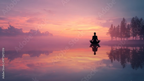 Yoga concept, silhouette meditating at sunrise, soft colors, clean composition 