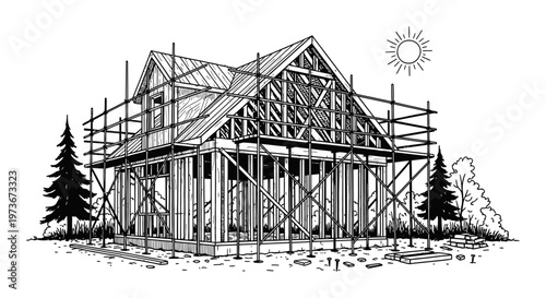 house construction new building with wooden frame and scaffolding on a building site illustrating home development.