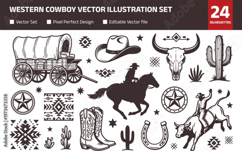 Western cowboy vector illustration set featuring horse rider, wagon, boots, bull skull, cactus, rodeo elements in vintage black and white style