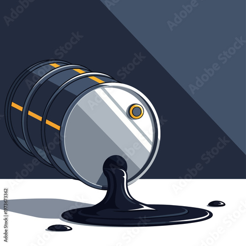 an oil barrel designed like a road spilling crude oil onto a clean surface illustrating environmental pollution and energy issues.