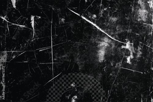Black scratched and distressed texture with transparent background for overlay and design