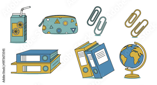 School Supplies Graphic with Juice Box Pencil Case Books Paper Clips and Globe
