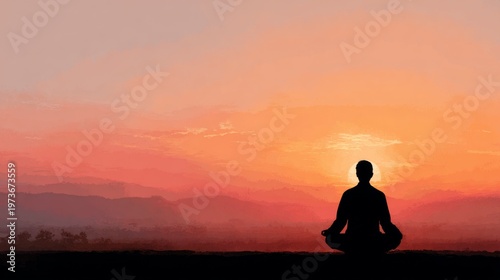 Yoga concept, silhouette meditating at sunrise, soft colors, clean composition 
