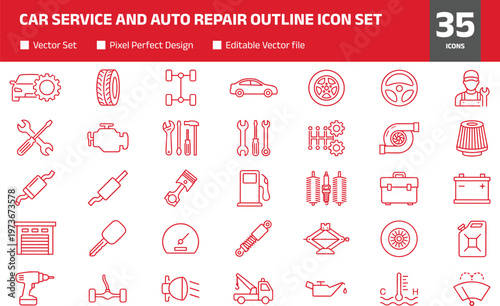 Car service and auto repair outline icon set featuring engine, tools, tire, battery, maintenance vector collection isolated on white background