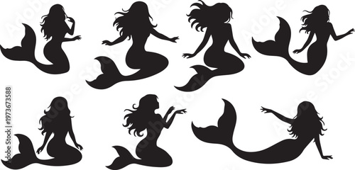 Mermaid Silhouette Icon Set Beautiful Fantasy Sea Maiden Vector