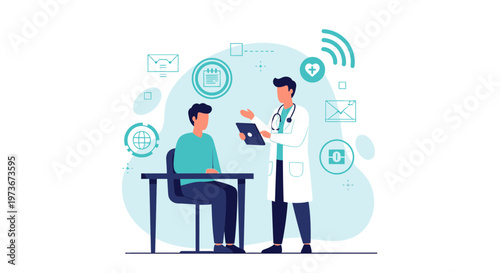 Doctor consulting patient with digital health technology and icons