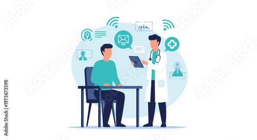 Doctor consulting patient with digital health technology and icons