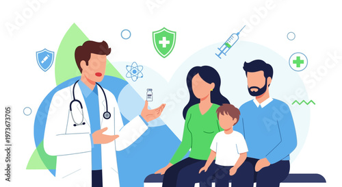 Doctor consulting with a family about vaccination and health protection
