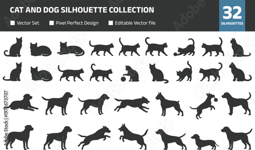 Cat and dog silhouette collection featuring playful pets, sitting, running, jumping poses, animal vector set isolated on white background