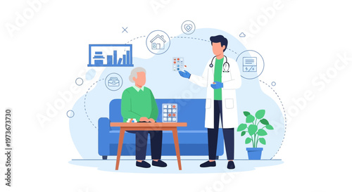 Doctor Consults Elderly Patient About Medication and Health Plan at Home