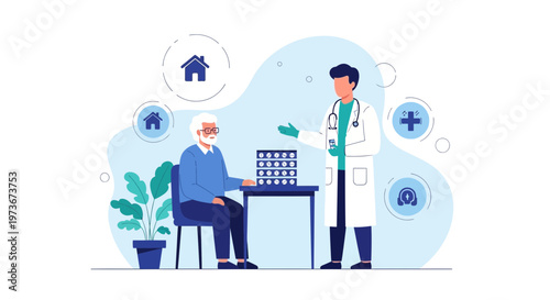 Doctor Consults Senior Man at Home, Discussing Medication and Healthcare Options